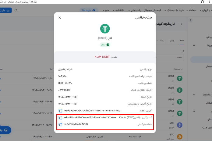 پنجره جزئیات تراکنش موفق تتر در صرافی بیت ۲۴ و کادر قرمز نمایش شناسه تراکنش (TXID)