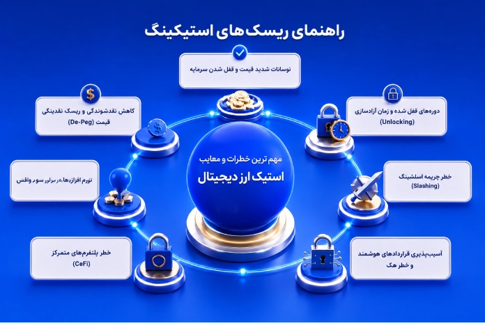 اینفوگرافیک راهنمای ریسک‌ها، معایب و خطرات استیکینگ ارز دیجیتال