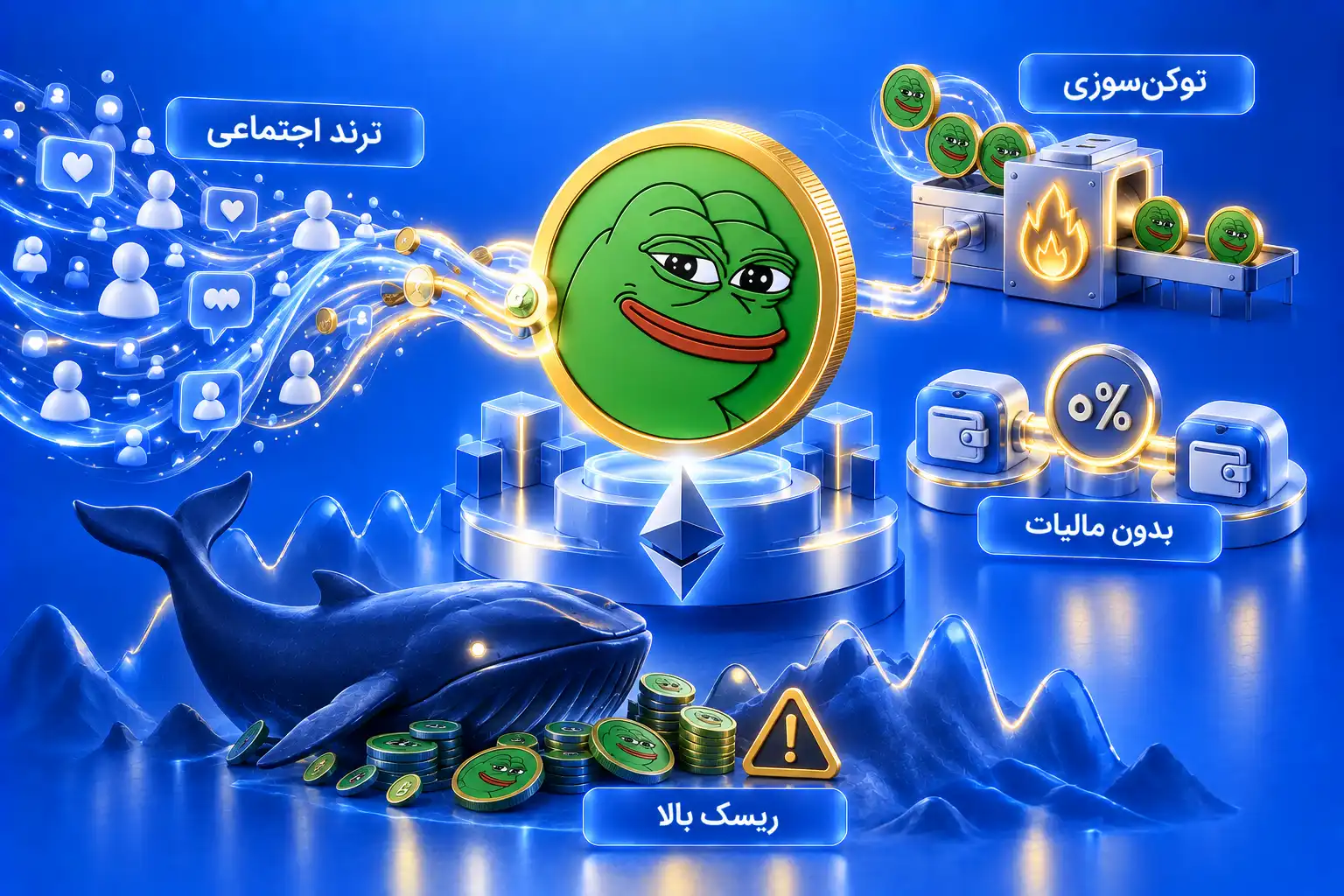 بررسی سه‌بعدی ویژگی‌ها و خطرات پپه؛ تاثیر ترند اجتماعی، توکن‌سوزی، معاملات بدون مالیات و ریسک بالای نهنگ‌ها