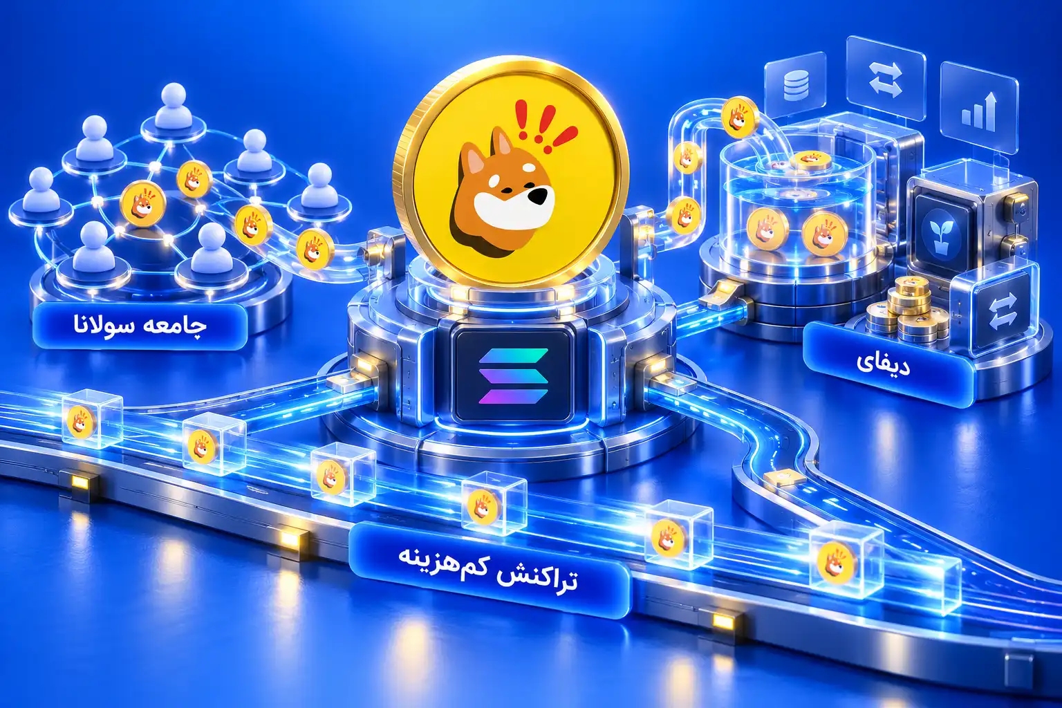 ارز دیجیتال بونک در بلاکچین سولانا در کنار نمادهای جامعه کاربری، پلتفرم‌های دیفای و تراکنش‌های کم‌هزینه