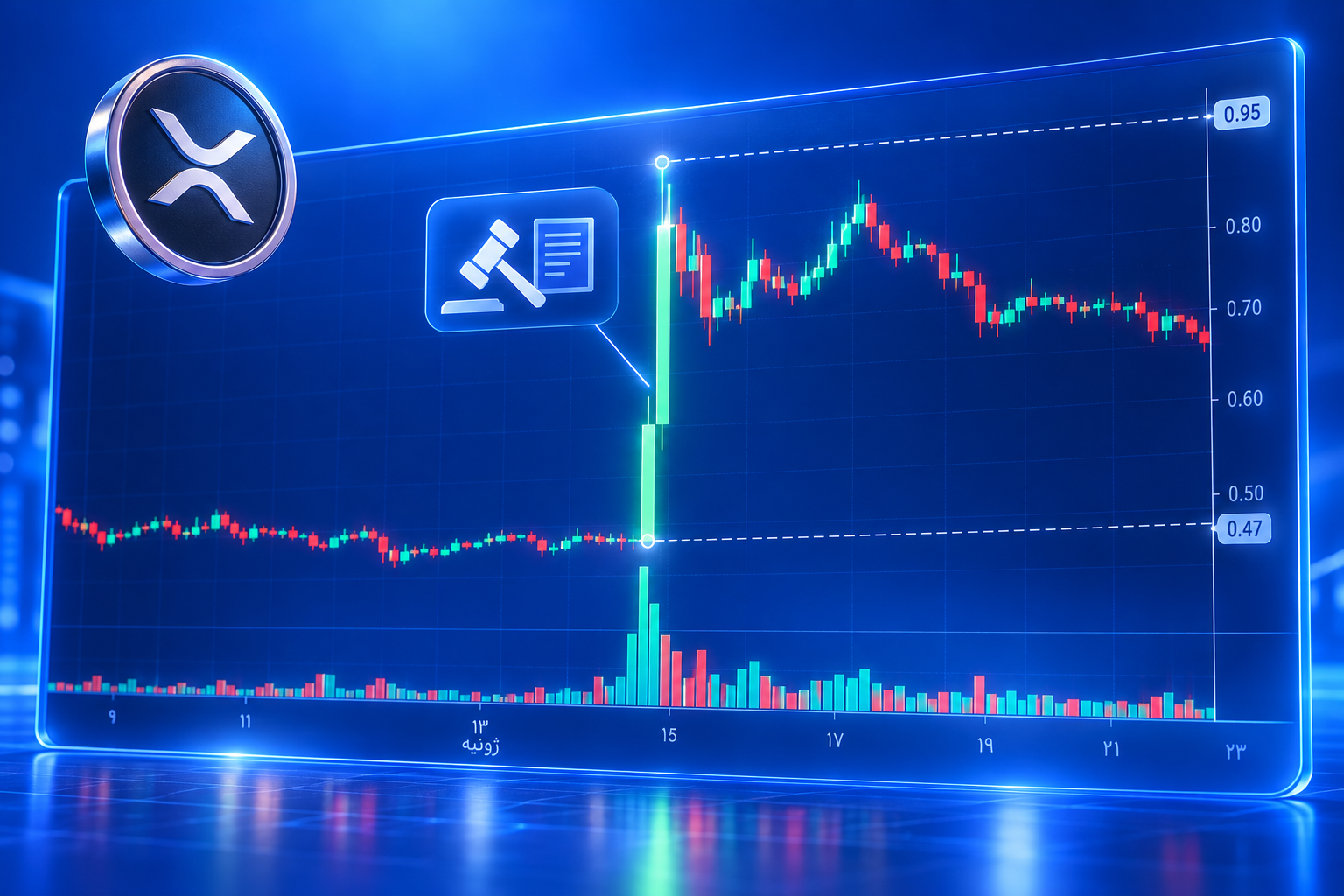 نمودار رشد ناگهانی و پامپ قیمت ریپل (XRP) پس از اخبار پیروزی در دادگاه همراه با نماد چکش حقوقی