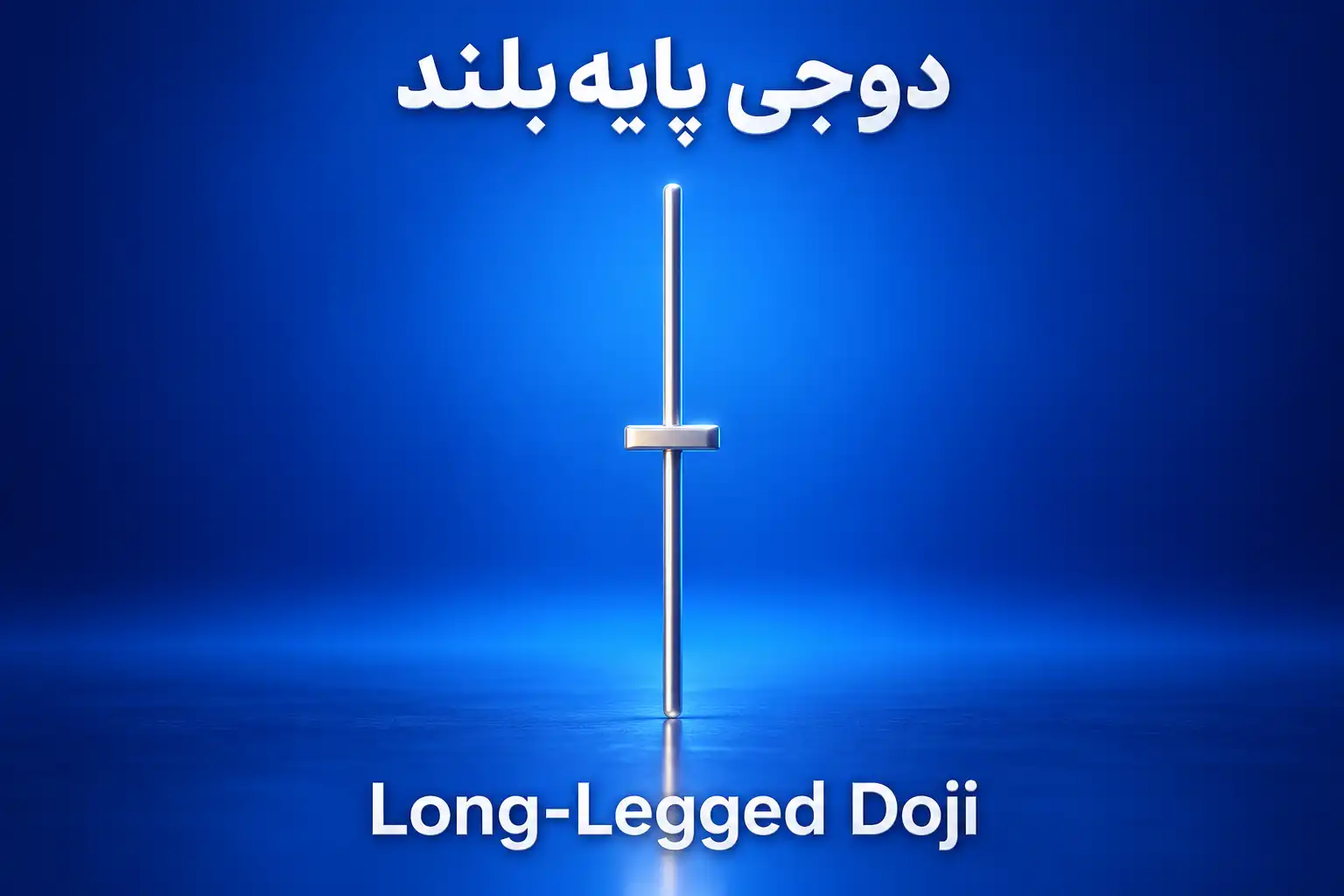 نماد سه‌بعدی کندل دوجی پایه بلند (Long-Legged Doji) به شکل صلیب نقره‌ای در پس‌زمینه آبی