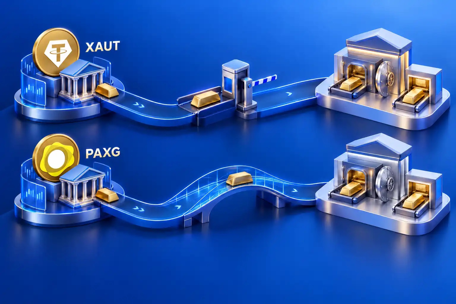 مقایسه مسیر تحویل و انتقال شمش طلا در توکن‌های XAUT و PAXG از بانک تا گاوصندوق