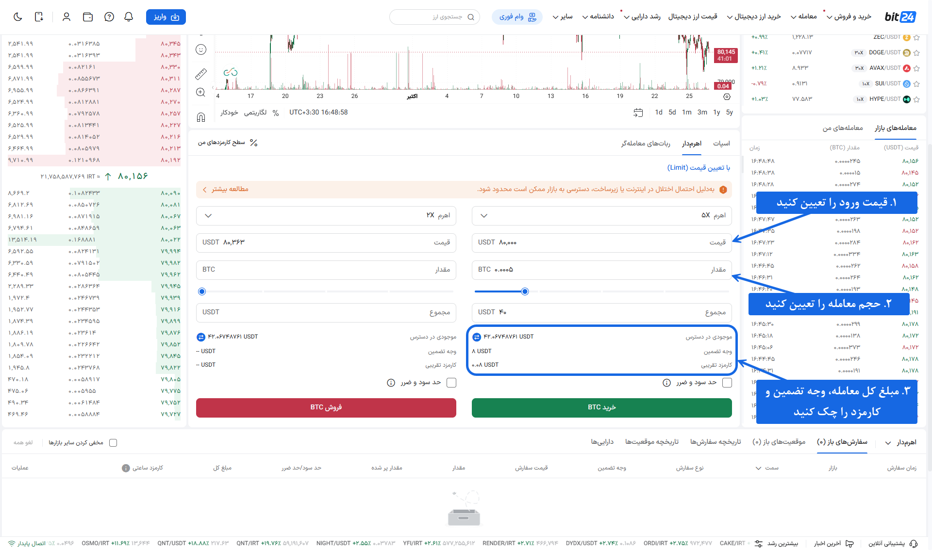 تعیین قیمت ورود، حجم معامله و بررسی کارمزد پیش از ثبت سفارش خرید اهرم‌دار