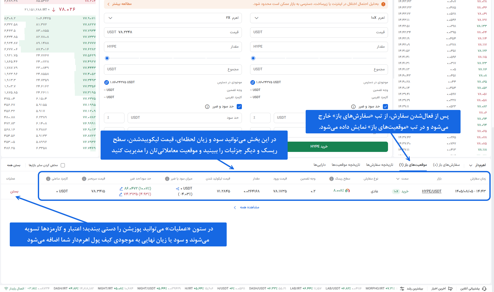 تب «موقعیت‌های باز» برای مدیریت پوزیشن‌های فعال، مشاهده سود و زیان و دکمه بستن