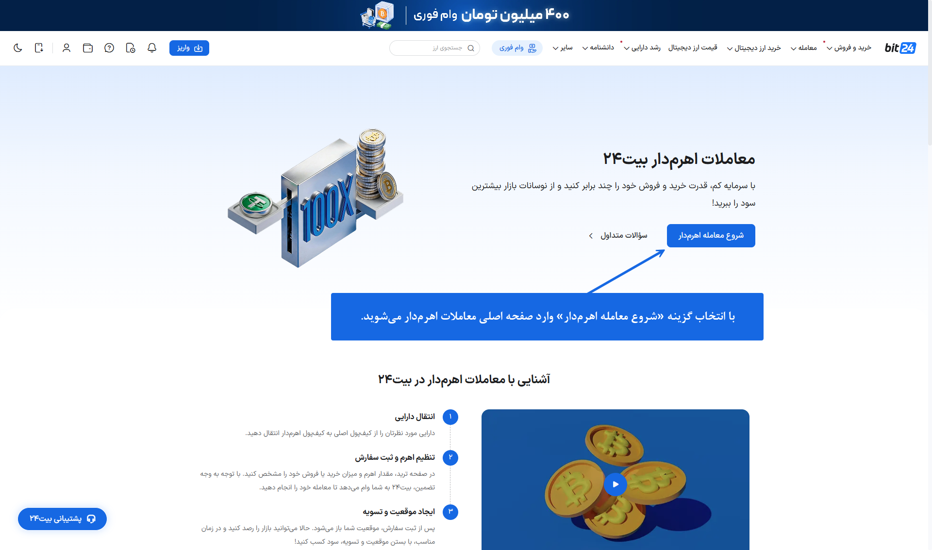 صفحه معرفی معاملات اهرم‌دار در بیت ۲۴ با دکمه شروع معامله و مراحل آشنایی با پلتفرم