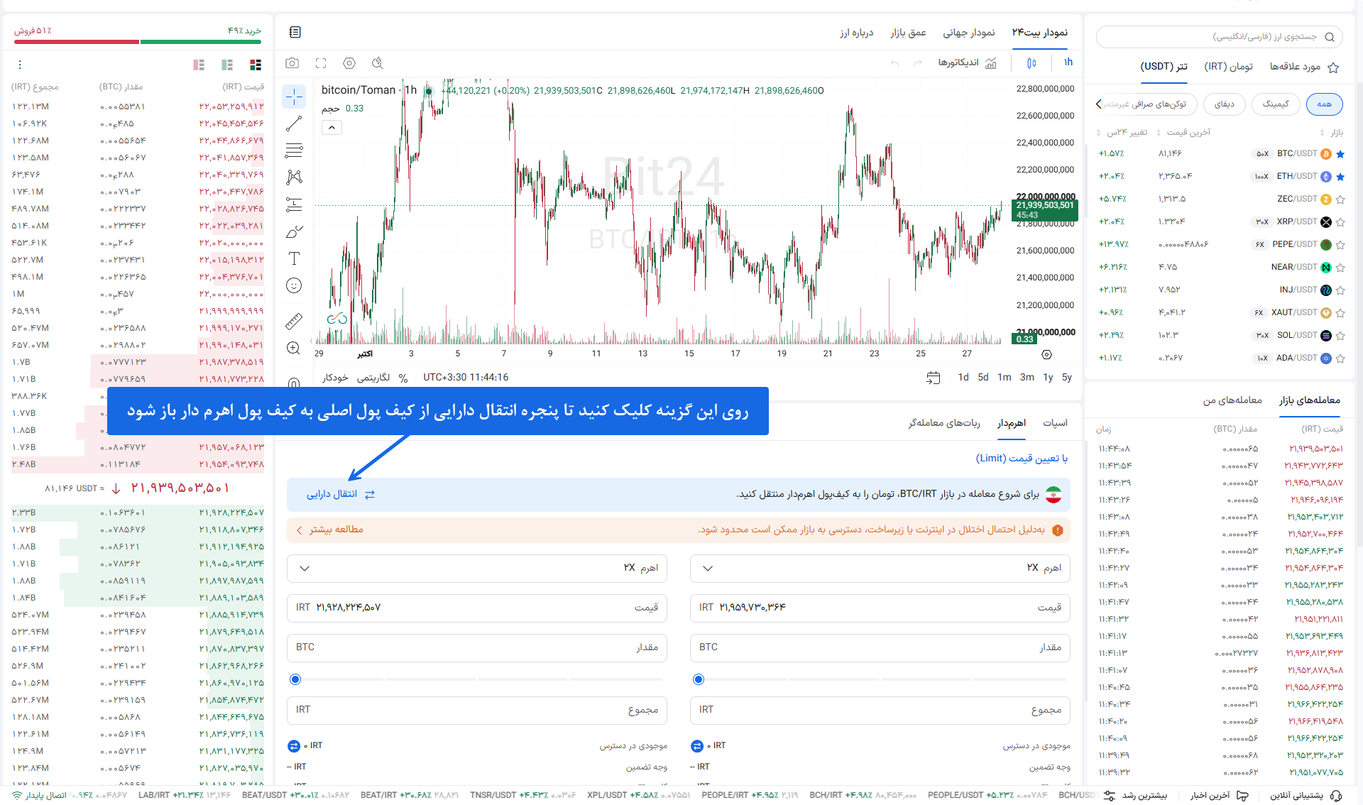 کلیک روی دکمه انتقال دارایی در پنل سفارش‌گذاری بیت ۲۴ جهت شارژ کیف پول مارجین